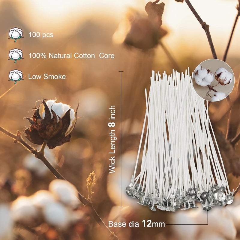 Ohcans 100 Pcs Cotton Candle Wick 8'',Wicks Coated with Paraffin Wax, 100PCS Candle Wick Stickers and 2PCS Metal Candle Wick Holders for Candle Making, Suit for Soy Beeswax Candle Making DIY - Image 2